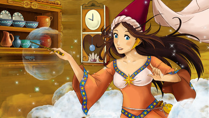 Cartoon scene for different fairy tales - young girl beautifully dressed going to some ball - with additional coloring page - illustration for children © honeyflavour