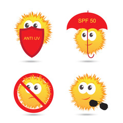 Set of UV Sun Protection and anti UV cartoon icons. Vector illustration isolated on white