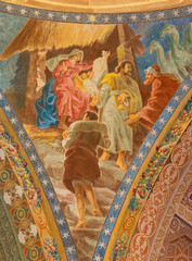 Rome - detail of fresco of Nativity  in cupola of church Basilica di Santa Maria Ausiliatrice 