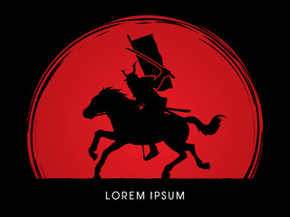 Samurai Warrior with Sword Katana, Riding horse, designed on sunrise background graphic vector.