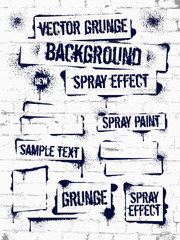 Various Spray paint graffiti on brick wall. Frame with black ink blots. Spray grunge background.