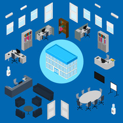 vector illustration. Office interior set - office furniture, stationery, computer, phone, desk, armchairs, sofa, chairs, table, window, door, air conditioning, office building. isometric. infographic.