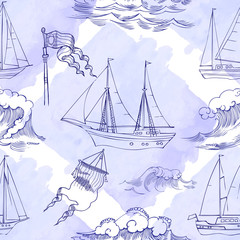 Seamless pattern with waves and ships