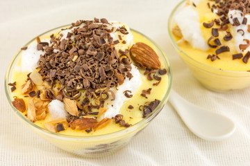 Creamy dessert with chocolate and almonds