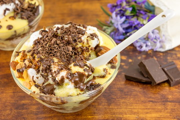 Creamy dessert with chocolate and almonds