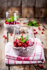 chia pudding with pomegranate seeds and mint