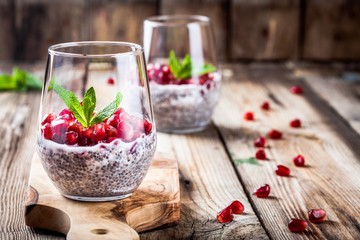 chia pudding with pomegranate seeds and mint