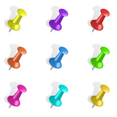 Set of push pins in different colors. Thumbtacks.  Vector illustration. Isolated on white background. Set icon. Pin set. Thumbtack vector set. Driving design. Isolated image.