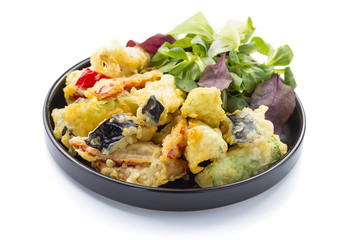 Tempura prawn and fried vegetable. Vegetarian salad.