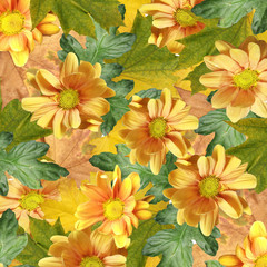 Yellow chrysanthemum and maple leaves