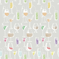 Hand drawn pattern of alcohol drinks and cocktails. Vector illustration