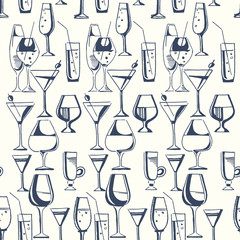 Hand drawn pattern of alcohol drinks and cocktails. Vector illustration