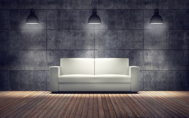 Room with white sofa. wooden floor and concrete wall