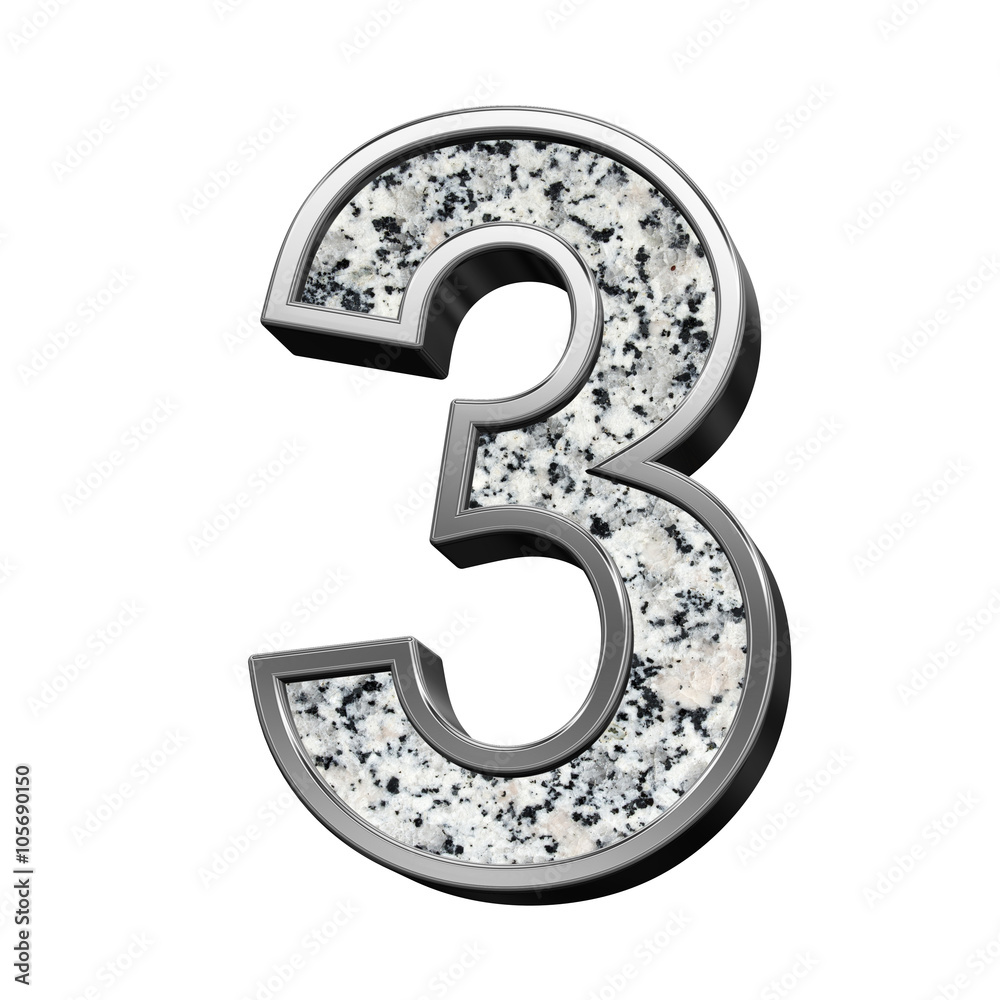 Fototapete number from granite with silver frame alphabet set isolated over white. computer generated 3d photo 