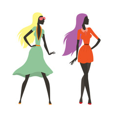 Two beautiful girls walking flat illustration. 