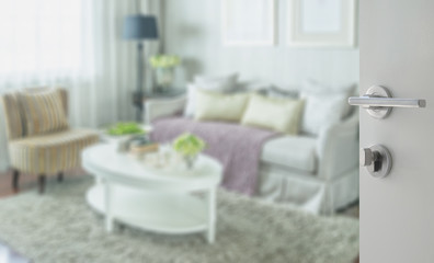 Fototapeta na wymiar opened white door to classic living room interior with elegant sofa