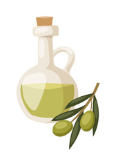 Glass bottle of premium virgin olive oil and some olives with leaves isolated on a white background. 