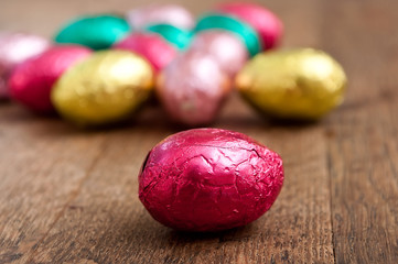 oeufs de Pâques au chocolat dans du papier brillant en couleur