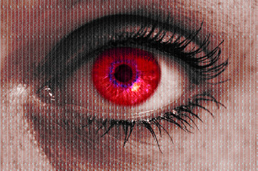 futuristic red eye with matrix texture looking at viewer