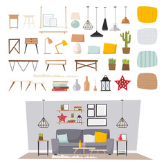 Furniture interior and home decor concept icon set flat vector illustration. 