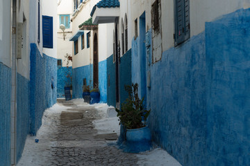 traditional blue and white street in the ancient kasbah of Rabat