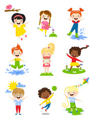 Little kids happy spring playing, watering flowers, jumping in puddle, carries bouquet, running, sun happy, launching kite vector.