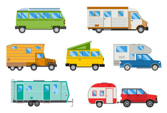 Vector illustration set of different campers travel car flat transport. 