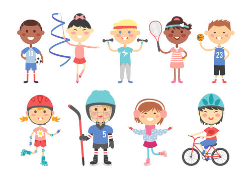 Kids playing various sports games such us hockey, football, gymnastics, fitness, tennis, basketball, roller skating, bike flat vector.