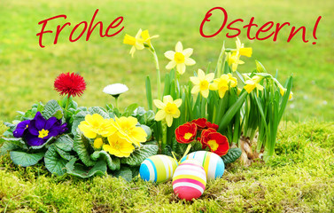 Ostern, Easter, Frohe Ostern!, Schrift, Osterkarte, Ostereier, Frühlingsblumen, Wiese, Ostergrüße