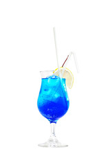 A cocktail with ice in a glass on a white background