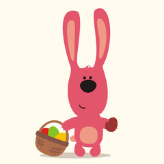 cartoon easter bunny with basket easter eggs, happy easter card