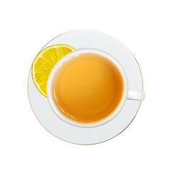 white cup with tea and lemon slice on plate isolated on white