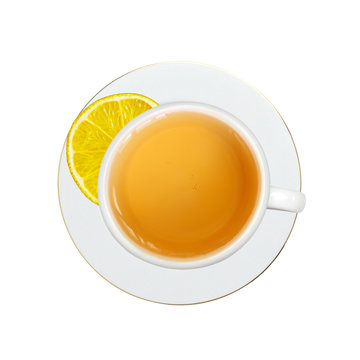 white cup with tea and lemon slice on plate isolated on white
