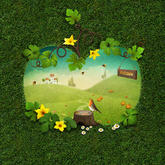 Greeting card with spring green background with silhouette of pumpkin and  stump and Robin