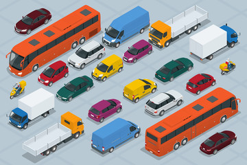 Naklejka premium Car icons. Flat 3d isometric high quality city transport car icon set. Car, van, cargo truck, off-road, bus, scooter, motorbike, riders. Transport set. Set of urban public and freight transport