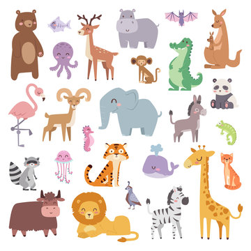 Cartoon zoo animals big set wildlife mammal flat vector illustration.