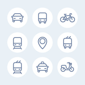 City and public transport icons, public transportation vector icons, bus icon, subway sign, taxi, public transport pictograms, thick