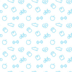 fitness pattern, seamless pattern with blue fitness icons on white, vector illustration