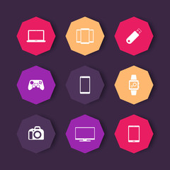 Gadgets icons, (tv, gamepad, laptop, smart watch, tablet icon), color octagon set, vector illustration