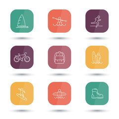 Travel, adventure, surfing line icons, color rounded square icons set, vector illustration