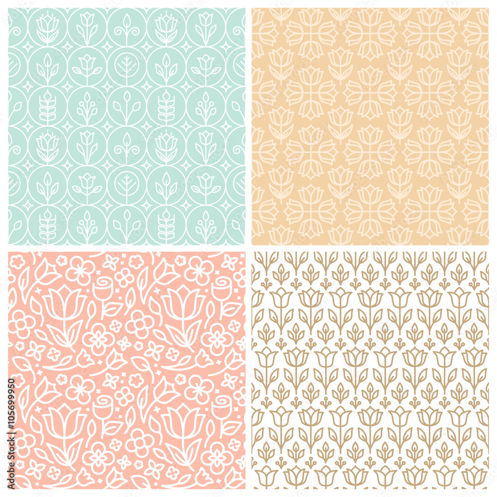 Poster Vector set of seamless patterns in trendy linear style with flow