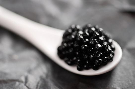 black caviar in a white ceramic spoon on a dark gray background