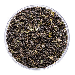 Organic Green Tea Darjeeling Sungma, shallow DOF, isolated on wh