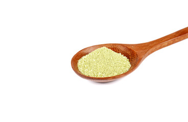 Green tea powder in wooden spoon on white background.