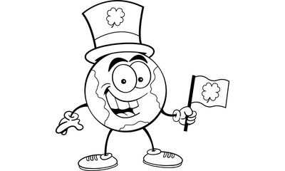 Black and white illustration of the earth holding an Irish flag and wearing a top hat.