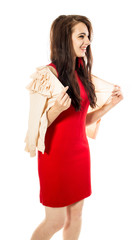 Beautiful smiling woman in red dress.