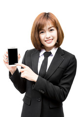 asian business woman using her smartphone on white background