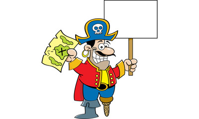 Cartoon illustration of a pirate holding a map and a sign.