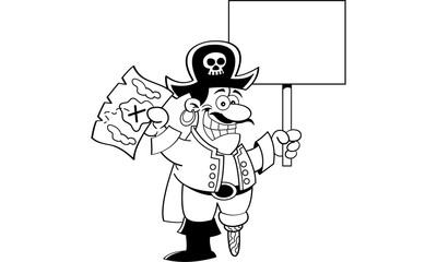 Black and white illustration of a pirate holding a map and a sign.