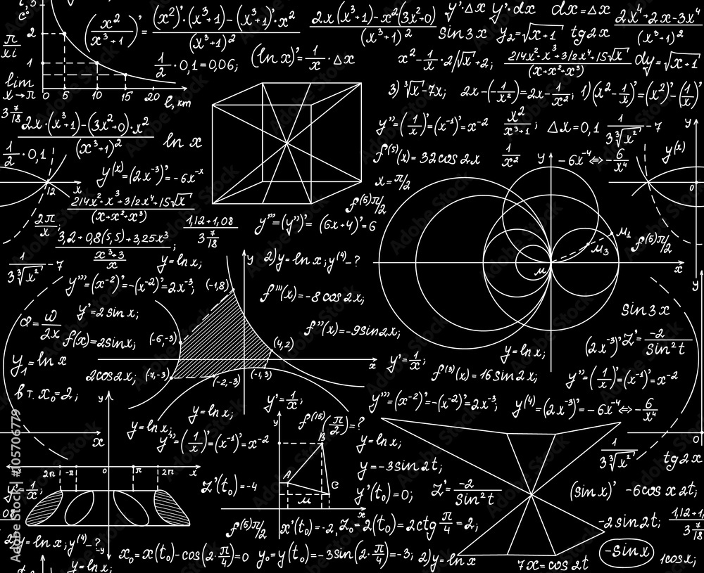Wall mural mathematical vector seamless pattern with plots, formulas, geometrical figures and calculations. you
